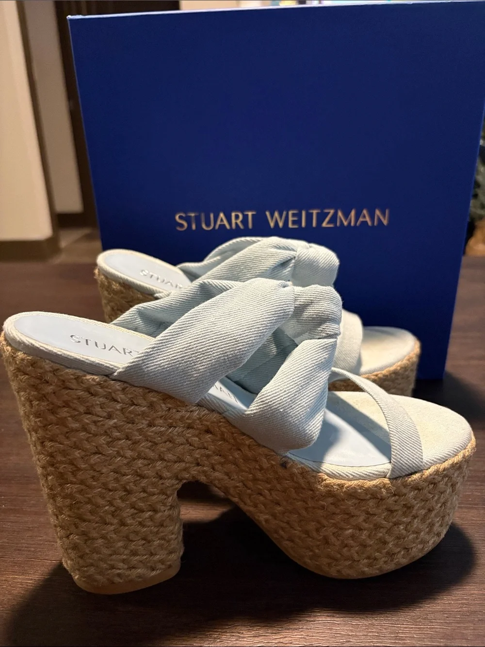 Stuart Weitzman Powder Blue Knotted Espadrille Platform Sandal